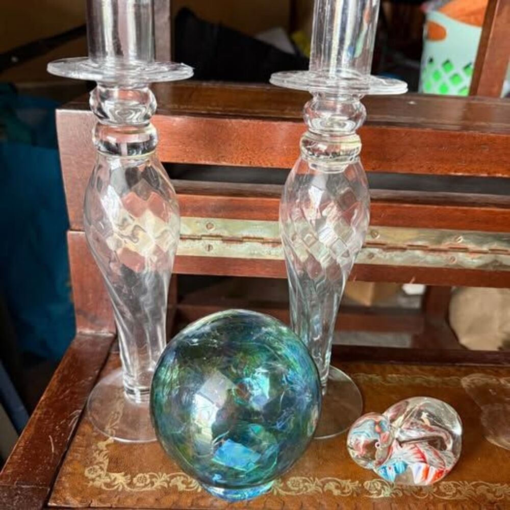 Glass pieces Candle sticks, wishing ball, rabbit